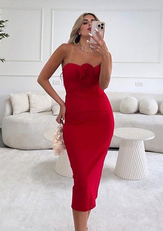 Rosette Midi Dress Red
